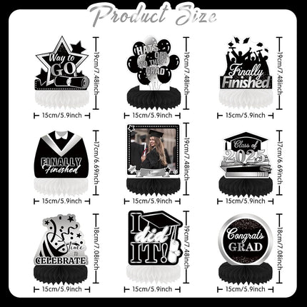 UUBAO 9 PCS Custom Graduation Party Honeycomb Centerpieces Class of 2025 Congrats Grad Decorations Congratulate Graduation Table Toppers for Graduation Party Favor Supplies (Black and Silver)