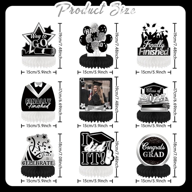 UUBAO 9 PCS Custom Graduation Party Honeycomb Centerpieces Class of 2025 Congrats Grad Decorations Congratulate Graduation Table Toppers for Graduation Party Favor Supplies (Black and Silver)