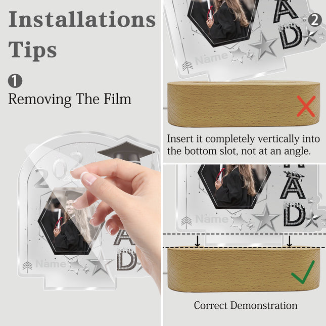 UUBAO Graduation Gifts Personalized Night Light Class of 2025 Custom Photo Name Gifts for Him Her Gifts for College, High School (Black and Silver)