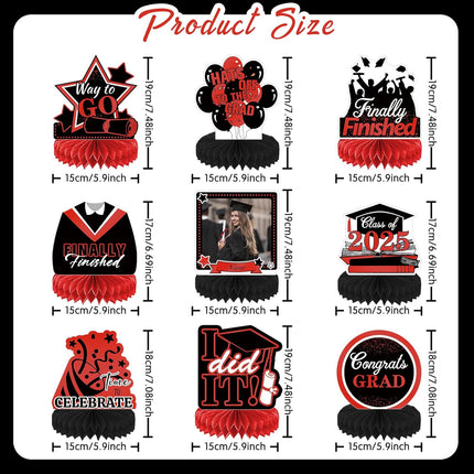 UUBAO 9 PCS Custom Graduation Party Honeycomb Centerpieces Class of 2025 Congrats Grad Decorations Congratulate Graduation Table Toppers for Graduation Party Favor Supplies (Red)