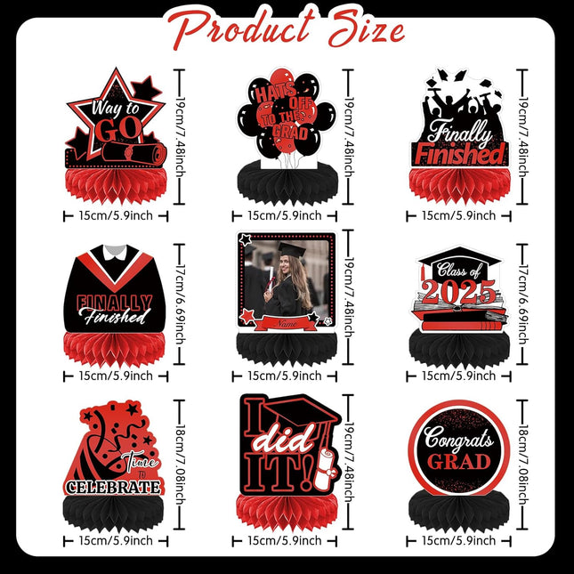 UUBAO 9 PCS Custom Graduation Party Honeycomb Centerpieces Class of 2025 Congrats Grad Decorations Congratulate Graduation Table Toppers for Graduation Party Favor Supplies (Red)