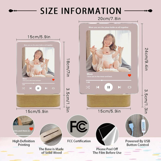 UUBAO Customized Acrylic LED Night Light Lamp Personalized Mother's Day Gifts Plaque Gifts Custom Photo for Mom