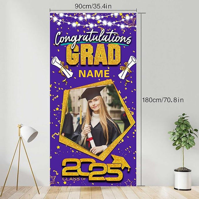 UUBAO Custom Graduation Party Decorations Personalization Banner Class of 2025 Backdrop Door Cover (Purple and Gold)