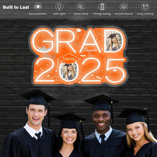 UUBAO Personalized Graduation Gift Neon Signs Congrats Grad LED Light Signs with Photo 2025 Party Backdrop Light Sign Decor (Orange)