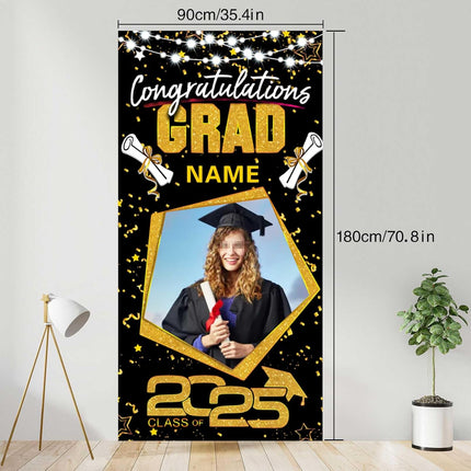 UUBAO Custom Graduation Party Decorations Personalization Banner Class of 2025 Backdrop Door Cover (Black and Gold)