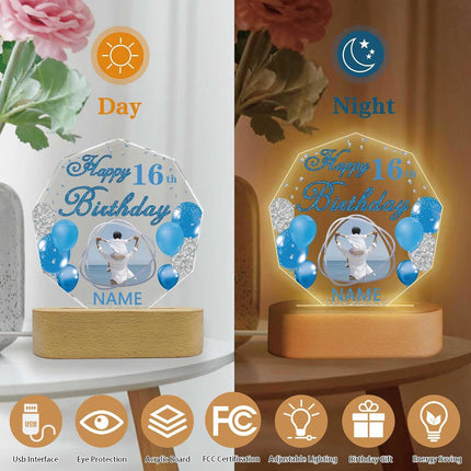 UUBAO Personalized Happy Birthday Night Light Gift with Photo Customized Acrylic Lamp for Her Mom Daughter Grandma Nana(Blue and Silver)