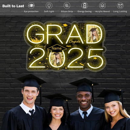 UUBAO Personalized Graduation Gift Neon Signs Congrats Grad LED Light Signs with Photo 2025 Party Backdrop Light Sign Decor (Black and Gold)