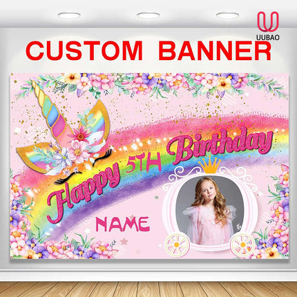UUBAO Custom Unicorn Rainbow Happy Birthday Party Decorations Supplies Personalized Unicorn Rainbow Birthday Backdrop Banner