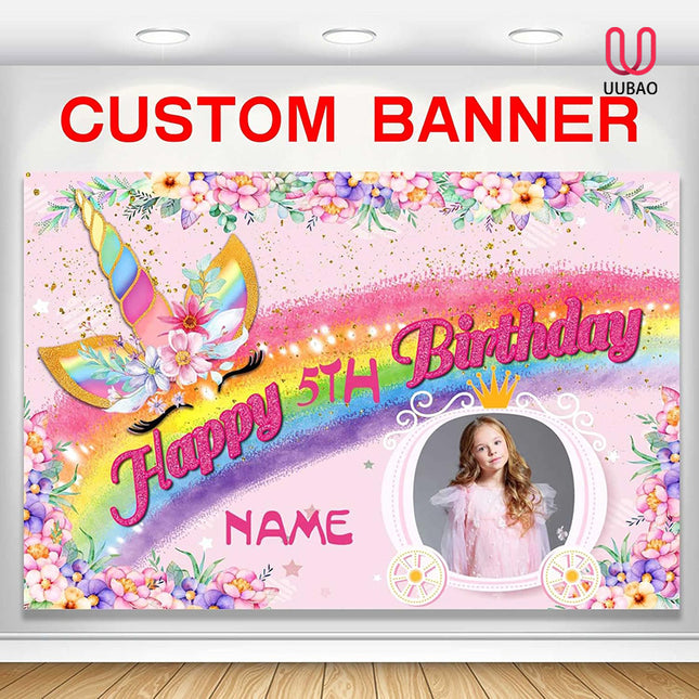 UUBAO Custom Unicorn Rainbow Happy Birthday Party Decorations Supplies Personalized Unicorn Rainbow Birthday Backdrop Banner