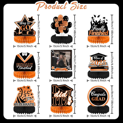 UUBAO 9 PCS Custom Graduation Party Honeycomb Centerpieces Class of 2025 Congrats Grad Decorations Congratulate Graduation Table Toppers for Graduation Party Favor Supplies (Orange)