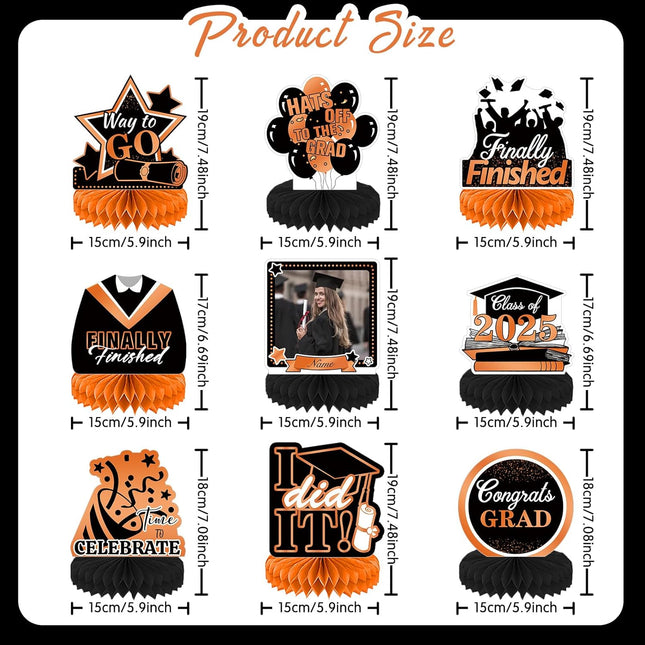 UUBAO 9 PCS Custom Graduation Party Honeycomb Centerpieces Class of 2025 Congrats Grad Decorations Congratulate Graduation Table Toppers for Graduation Party Favor Supplies (Orange)