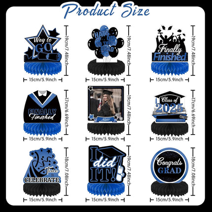 UUBAO 9 PCS Custom Graduation Party Honeycomb Centerpieces Class of 2025 Congrats Grad Decorations Congratulate Graduation Table Toppers for Graduation Party Favor Supplies (Navy Blue)