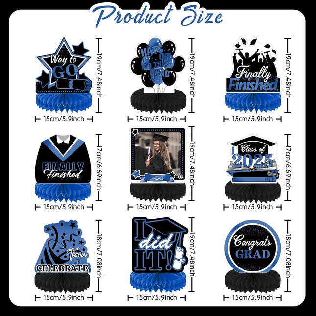 UUBAO 9 PCS Custom Graduation Party Honeycomb Centerpieces Class of 2025 Congrats Grad Decorations Congratulate Graduation Table Toppers for Graduation Party Favor Supplies (Navy Blue)