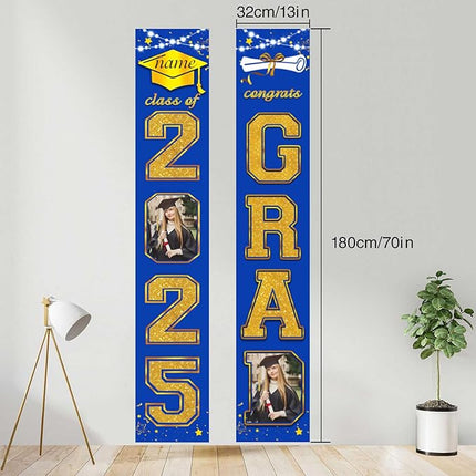 UUBAO Custom Graduation Party Decorations 2025 Personalization Congrats Grad Banner Graduation Front Door Porch Sign Backdrop(Blue and Gold)