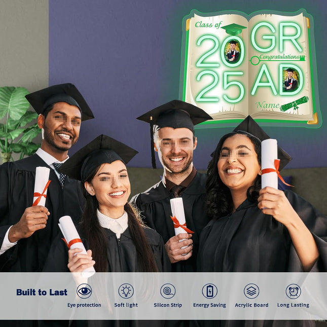 UUBAO Personalized Graduation Gift Neon Signs Congrats Grad LED Light Signs with Photo 2025 Party Backdrop Light Sign Decor (Light Green)