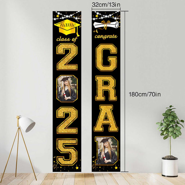 UUBAO Custom Graduation Party Decorations 2025 Personalization Congrats Grad Banner Graduation Front Door Porch Sign Backdrop(Black and Gold)