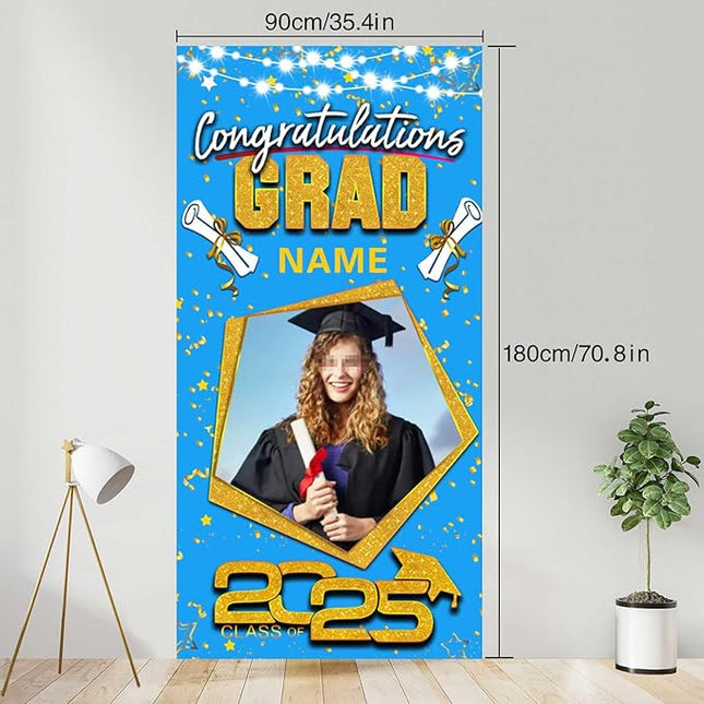 UUBAO Custom Graduation Party Decorations Personalization Banner Class of 2025 Backdrop Door Cover (Sky Blue and Gold)