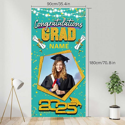 UUBAO Custom Graduation Party Decorations Personalization Banner Class of 2025 Backdrop Door Cover (Peacock Blue and Gold)