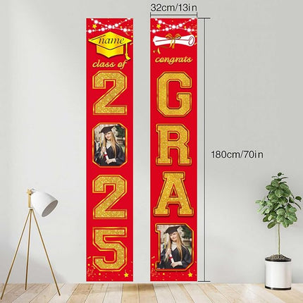 UUBAO Custom Graduation Party Decorations 2025 Personalization Congrats Grad Banner Graduation Front Door Porch Sign Backdrop(Red and Gold)