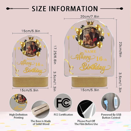 UUBAO Personalized Happy Birthday Night Light Gift with Photo Customized Acrylic Lamp for Her Mom Daughter Grandma Nana(Black and Gold)