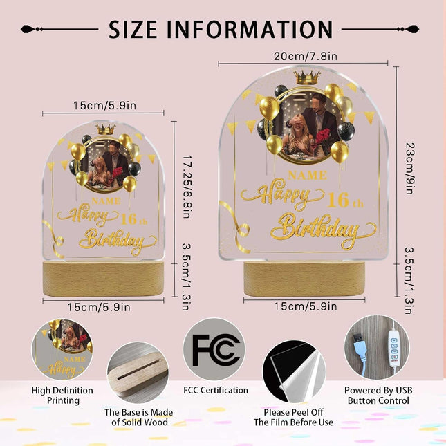 UUBAO Personalized Happy Birthday Night Light Gift with Photo Customized Acrylic Lamp for Her Mom Daughter Grandma Nana(Black and Gold)