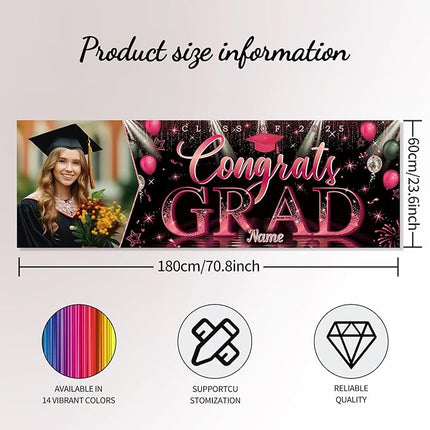 UUBAO Custom Graduation Party Decorations Personalization Banner Class of 2025 Backdrop (Pink）