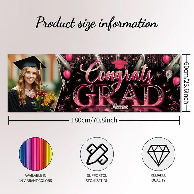 UUBAO Custom Graduation Party Decorations Personalization Banner Class of 2025 Backdrop (Pink）