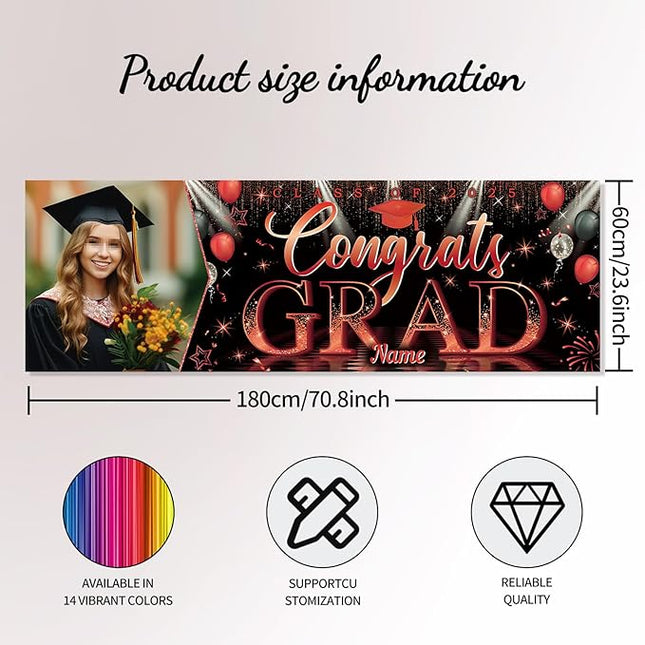 UUBAO Custom Graduation Party Decorations Personalization Banner Class of 2025 Backdrop (Red）