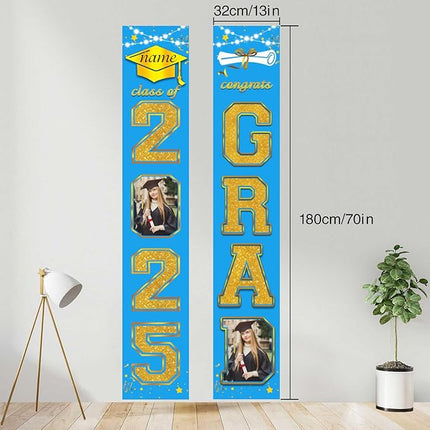 UUBAO Custom Graduation Party Decorations 2025 Personalization Congrats Grad Banner Graduation Front Door Porch Sign Backdrop(Sky Blue and Gold)