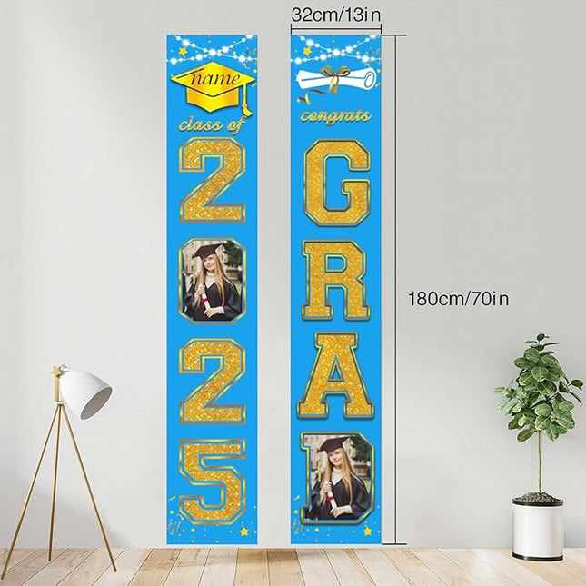 UUBAO Custom Graduation Party Decorations 2025 Personalization Congrats Grad Banner Graduation Front Door Porch Sign Backdrop(Sky Blue and Gold)