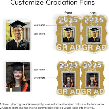 UUBAO Personalized Graduation Double Sided Face Fan Class of 2025 Customized Graduation Head Face Cutout with Handle Fun Photo Prop Supplies(Champagne)