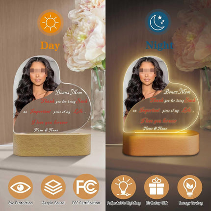 UUBAO Personalized Mother's Day Night Light Gift with Wooden Base Custom Photo Acrylic Plaque LED Night Lamp Gift for Bonus Mom
