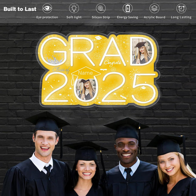 UUBAO Personalized Graduation Gift Neon Signs Congrats Grad LED Light Signs with Photo 2025 Party Backdrop Light Sign Decor (Yellow)