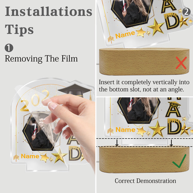 UUBAO Graduation Gifts Personalized Night Light Class of 2025 Custom Photo Name Gifts for Him Her Gifts for College, High School (Black and Gold)