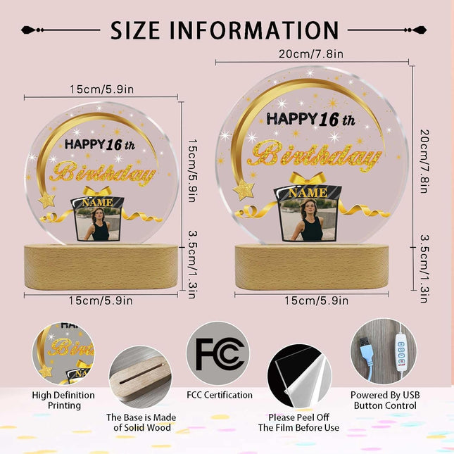 UUBAO Personalized Happy Birthday Night Light Gift with Photo Customized Acrylic Lamp for Her Mom Daughter Grandma Nana(Black and Gold)