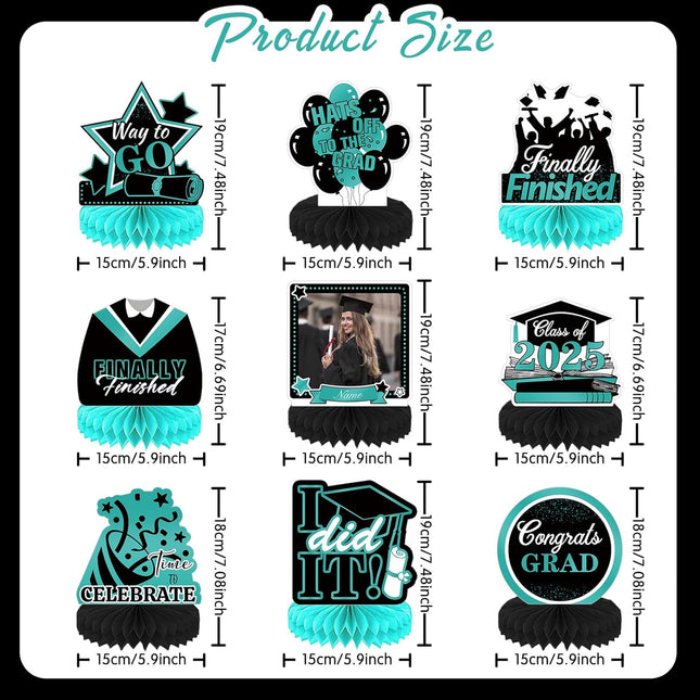 UUBAO 9 PCS Custom Graduation Party Honeycomb Centerpieces Class of 2025 Congrats Grad Decorations Congratulate Graduation Table Toppers for Graduation Party Favor Supplies (Peacock Blue)