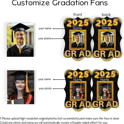 UUBAO Personalized Graduation Double Sided Face Fan Class of 2025 Customized Graduation Head Face Cutout with Handle Fun Photo Prop Supplies(Black and Gold)