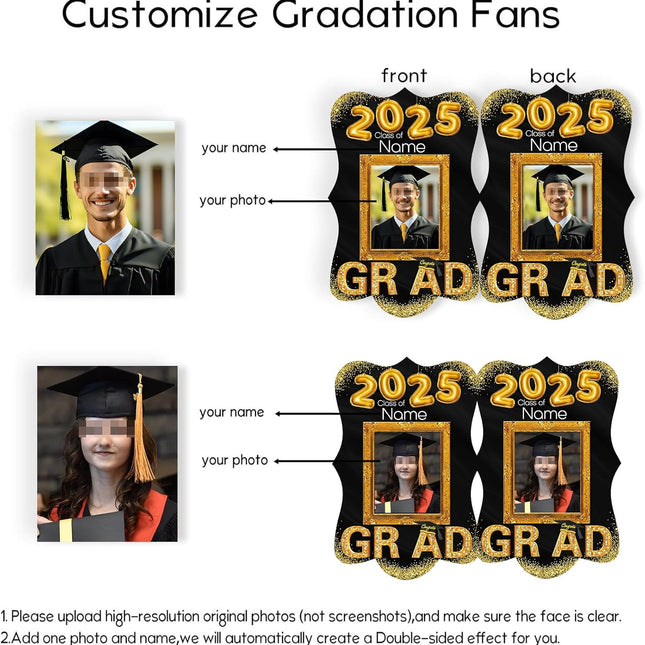 UUBAO Personalized Graduation Double Sided Face Fan Class of 2025 Customized Graduation Head Face Cutout with Handle Fun Photo Prop Supplies(Black and Gold)