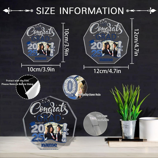 UUBAO Personalized Graduation Gift Class of 2025 Desk Paperweight Farewell Memorial Decorative Signs Plaques with Photo (Blue and Silver)