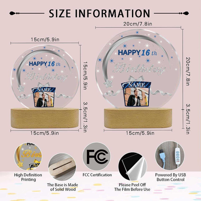 UUBAO Personalized Happy Birthday Night Light Gift with Photo Customized Acrylic Lamp for Her Mom Daughter Grandma Nana(Navy Blue and Silver)