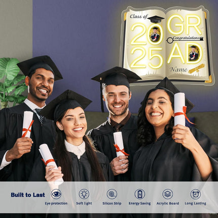 UUBAO Personalized Graduation Gift Neon Signs Congrats Grad LED Light Signs with Photo 2025 Party Backdrop Light Sign Decor (Black and Gold)