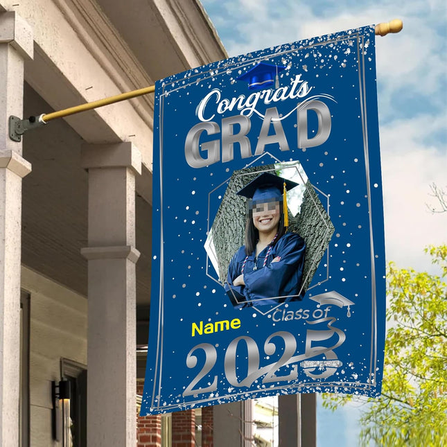 UUBAO Custom Graduation Garden Flag with Photo Class of 2025 Congrats Grad Double Sided Yard Flag Decorative Gifts (Blue and Silver)