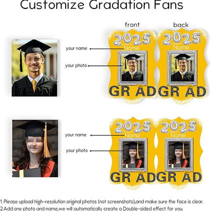 UUBAO Personalized Graduation Double Sided Face Fan Class of 2025 Customized Graduation Head Face Cutout with Handle Fun Photo Prop Supplies(Yellow)