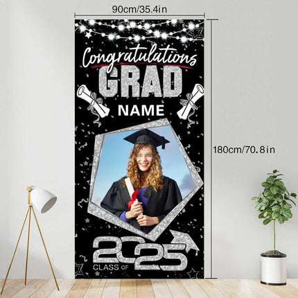 UUBAO Custom Graduation Party Decorations Personalization Banner Class of 2025 Backdrop Door Cover (Black and Silver)