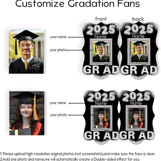 UUBAO Personalized Graduation Double Sided Face Fan Class of 2025 Customized Graduation Head Face Cutout with Handle Fun Photo Prop Supplies(Black and Silver)