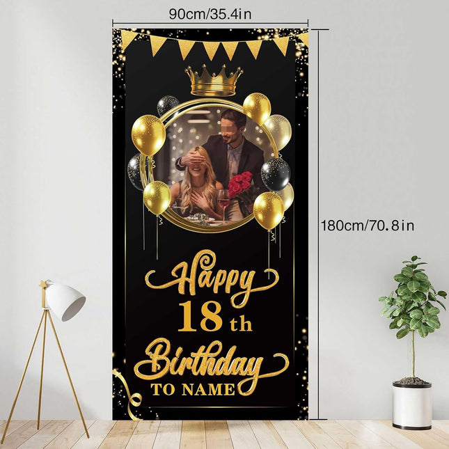 UUBAO Custom Happy Birthday Door Banner Backdrop Birthday Decorations Party Supplies for Women Men(Black and Gold)
