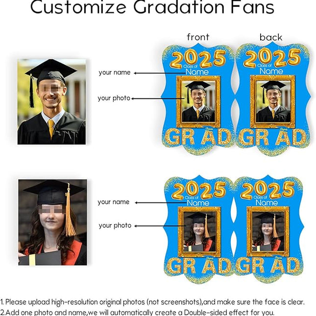 UUBAO Personalized Graduation Double Sided Face Fan Class of 2025 Customized Graduation Head Face Cutout with Handle Fun Photo Prop Supplies(Sky Blue)
