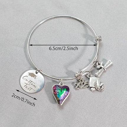 UUBAO Custom Graduation Bracelet 2025 Personalized Engraved Name High School College Graduation Gifts, Senior Graduate Crystal Heart Charm Bracelet Bangle
