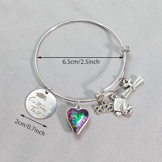 UUBAO Custom Graduation Bracelet 2025 Personalized Engraved Name High School College Graduation Gifts, Senior Graduate Crystal Heart Charm Bracelet Bangle