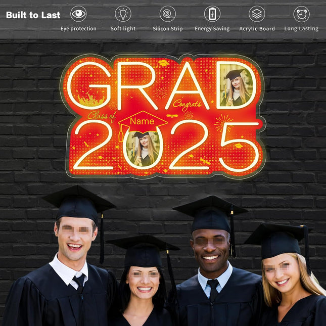 UUBAO Personalized Graduation Gift Neon Signs Congrats Grad LED Light Signs with Photo 2025 Party Backdrop Light Sign Decor (Red)